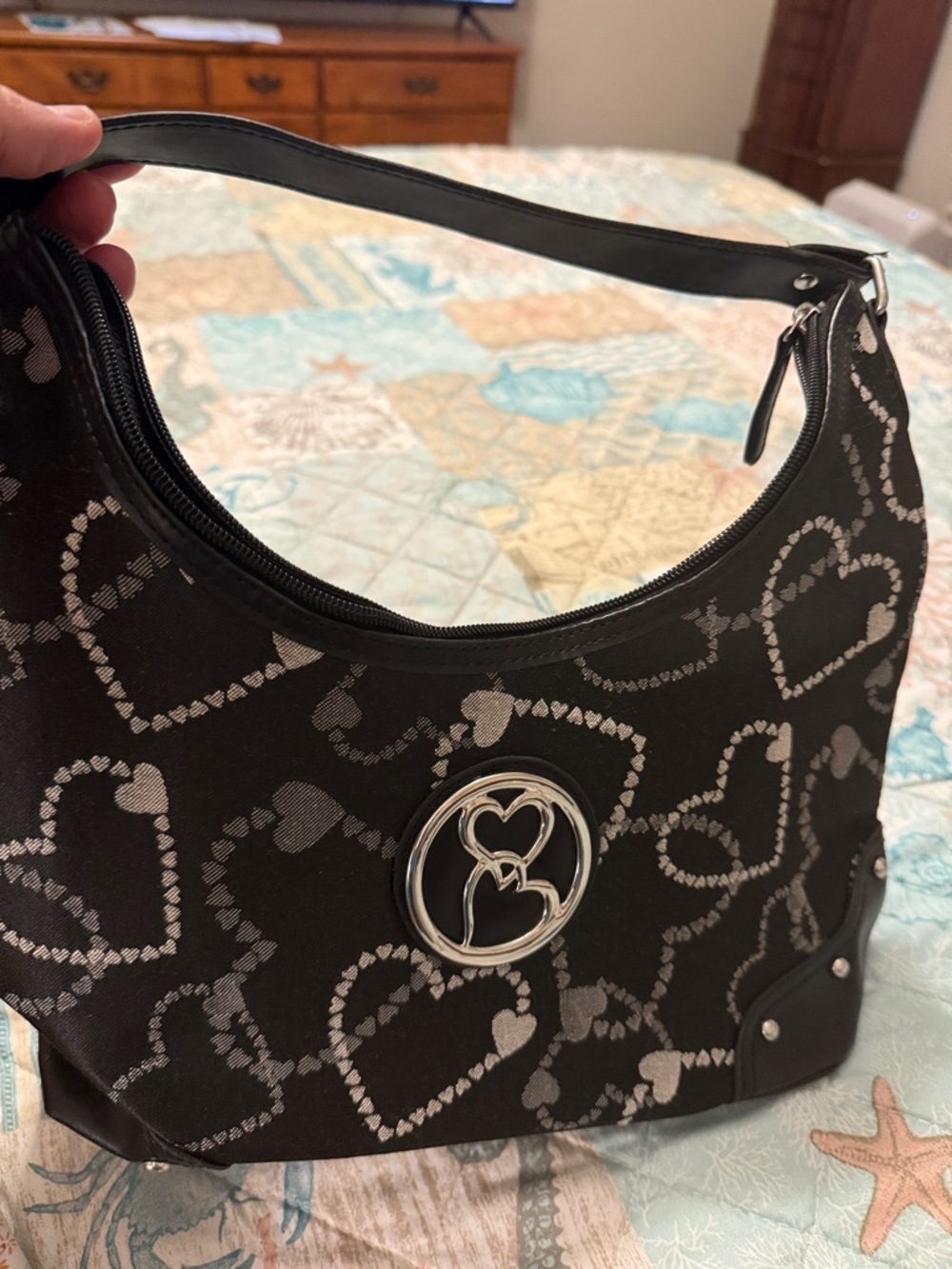 Heart Print Black Shoulder Bag with Silver Accent